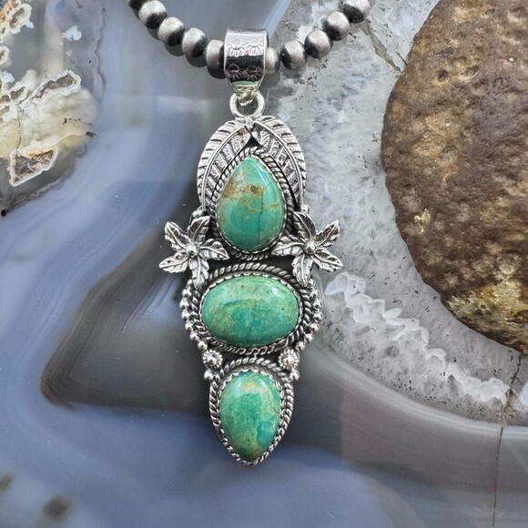 Jewelry - Sterling Silver Southwestern Style Triple Turquoise Decorated Pendant For Women